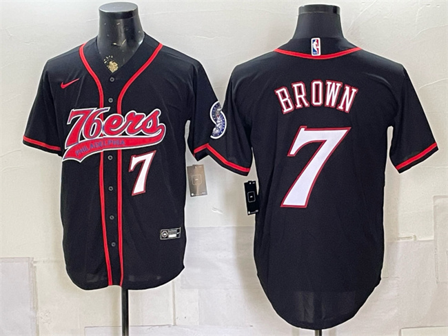 Men's Philadelphia 76ers #7 Jaylen Brown Black Cool Base Stitched Baseball Jersey